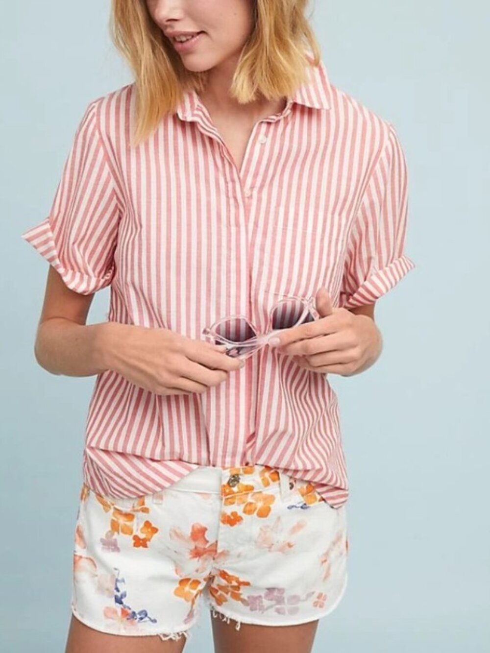 Anthropologie Striped Blouse Womens Large Red White Short Sleeve Cotton Belted - Picture 3 of 8